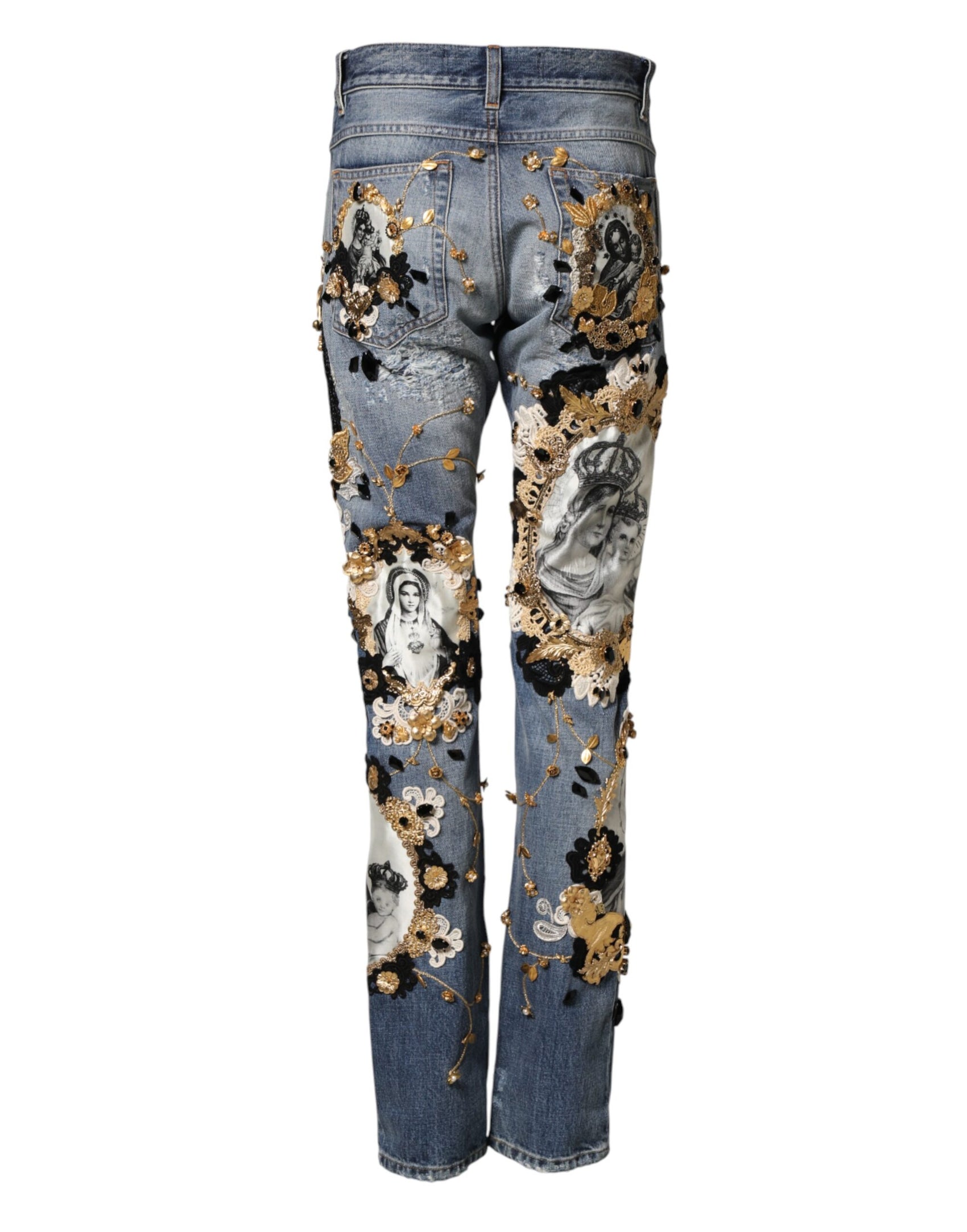 Dolce & Gabbana Blue Ripped Embellished Cotton Denim Jeans