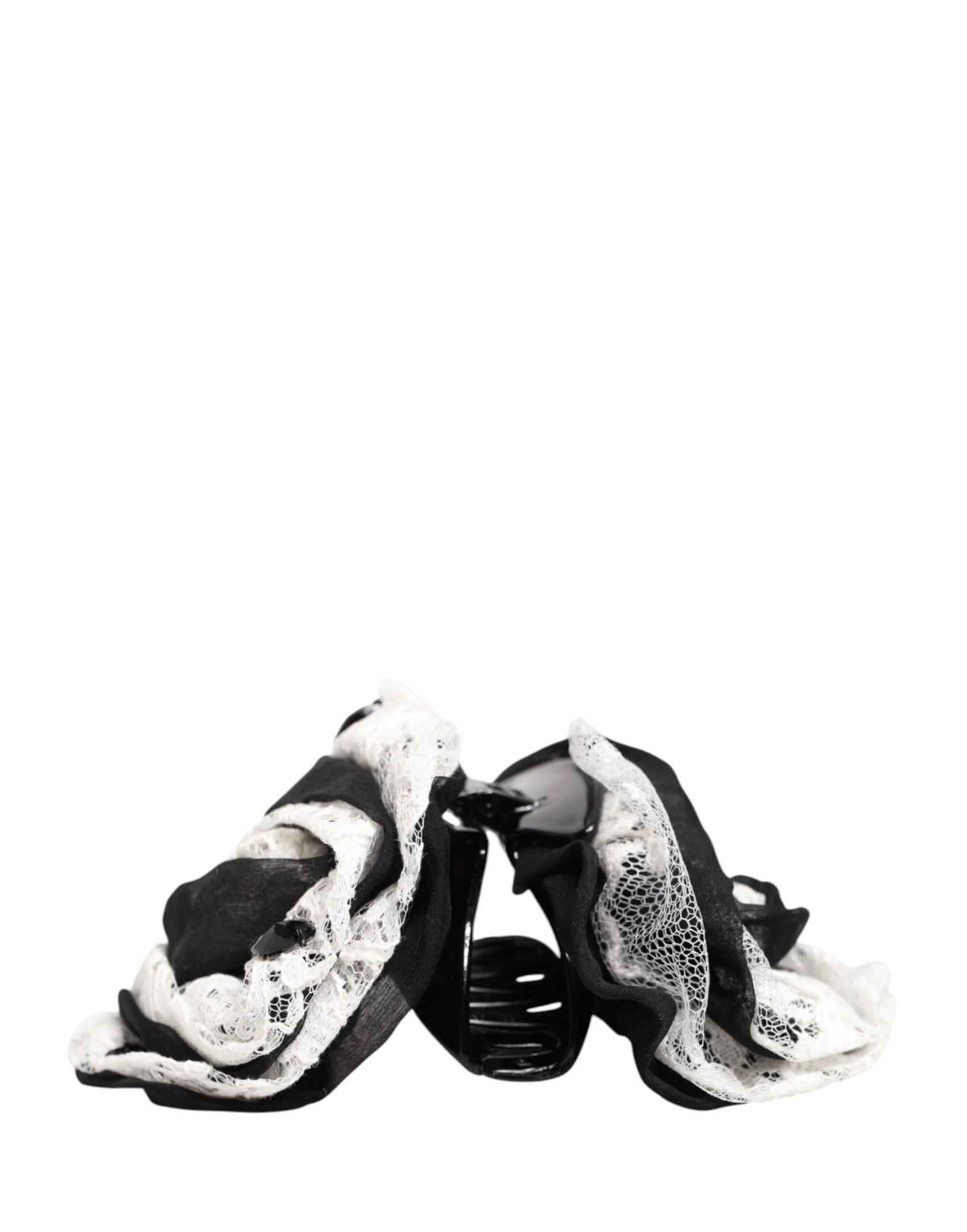 Dolce & Gabbana Black White Silk Floral Lace Crystal Accessory Hair Claw