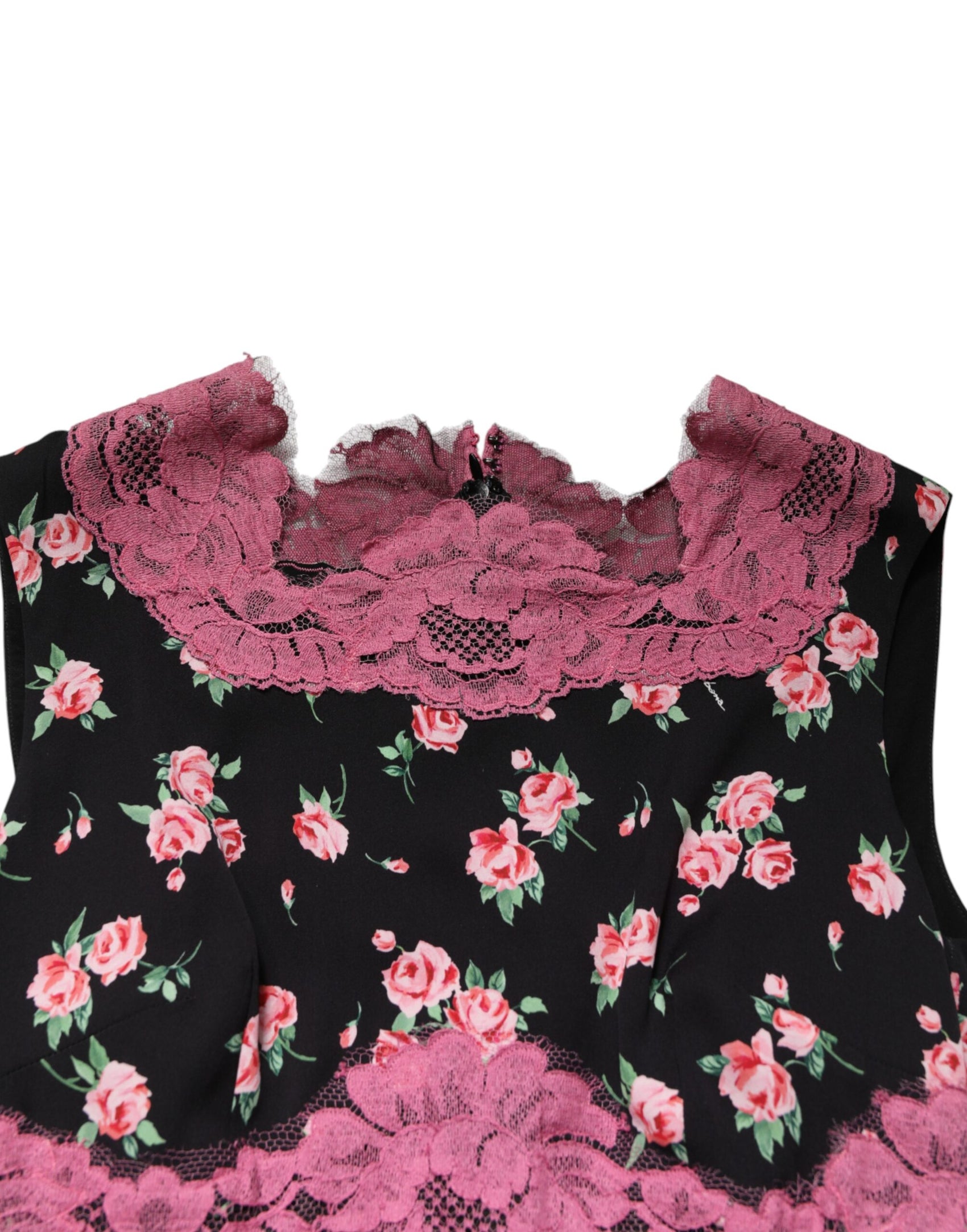 Dolce & Gabbana Black Pink Floral Lace Silk Sheath Dress