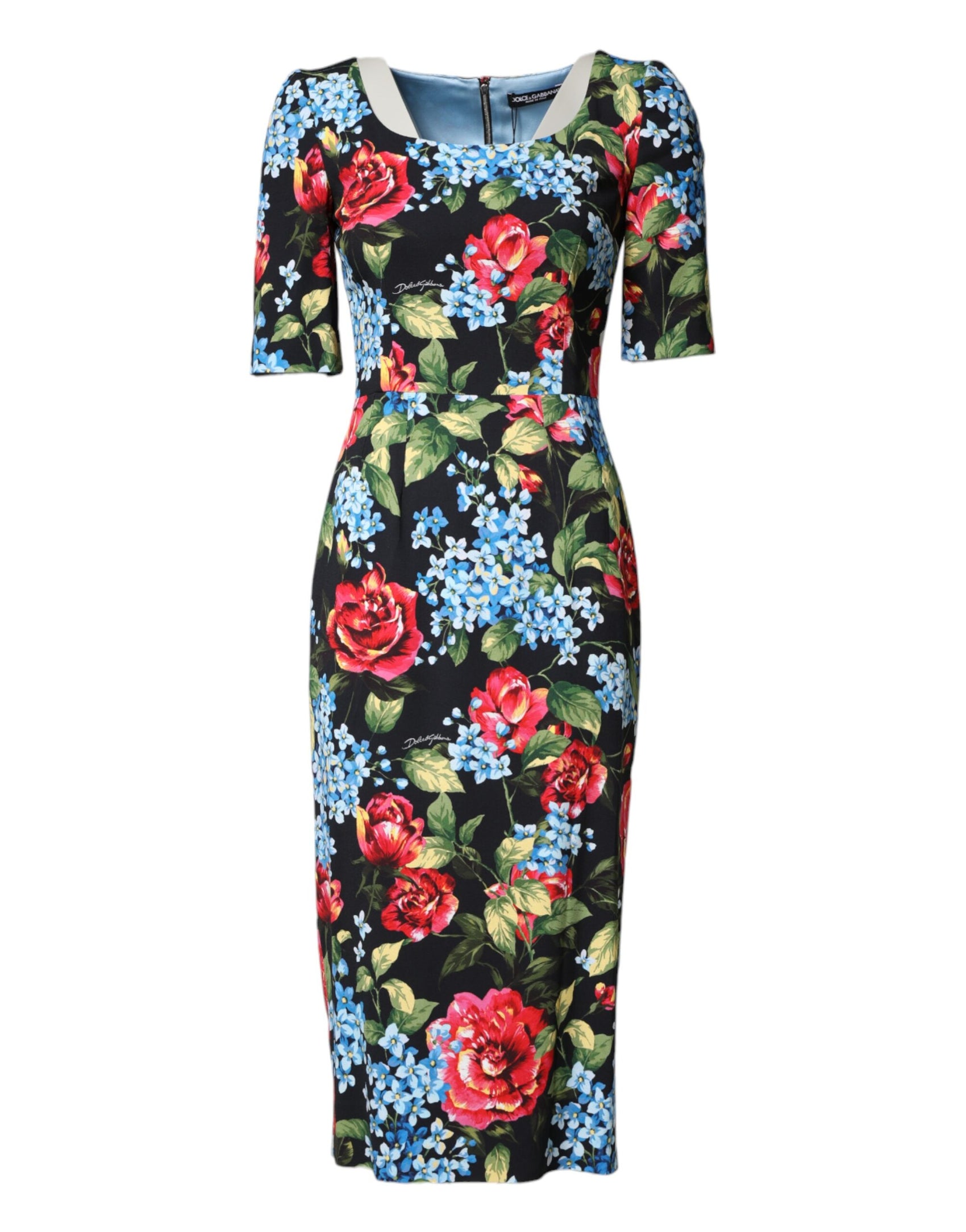 Dolce & Gabbana Black Floral Print Viscose Sheath Midi Dress