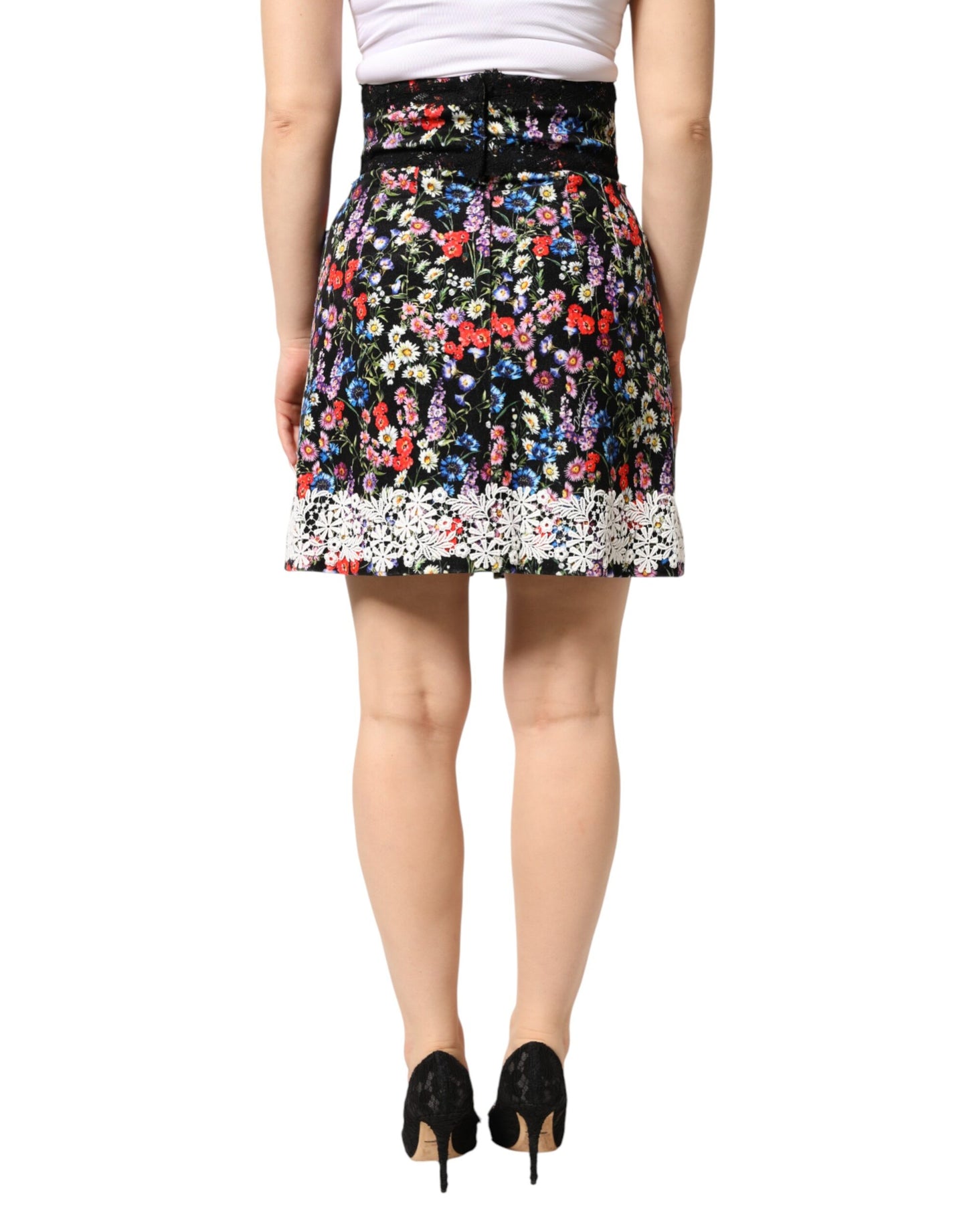 Dolce & Gabbana Black Floral Lace Cotton HighWaist Mini Skirt
