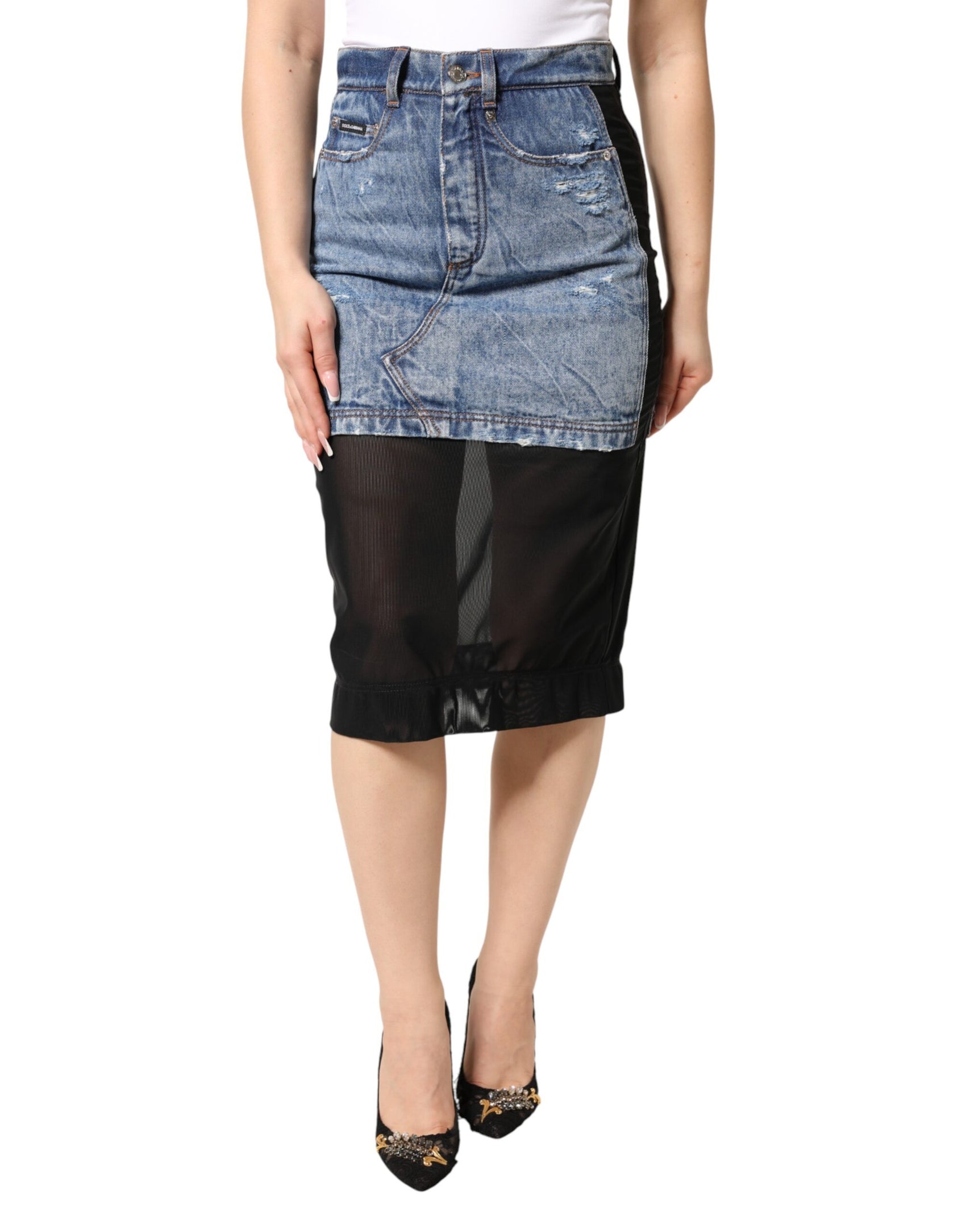 Dolce & Gabbana Blue Black Cotton Denim Sheer Midi Skirt