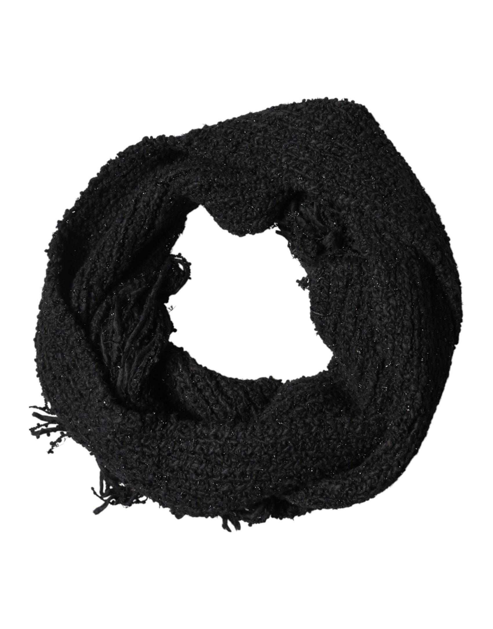 Dolce & Gabbana Black Cashmere Knit Shawl Fringes Scarf