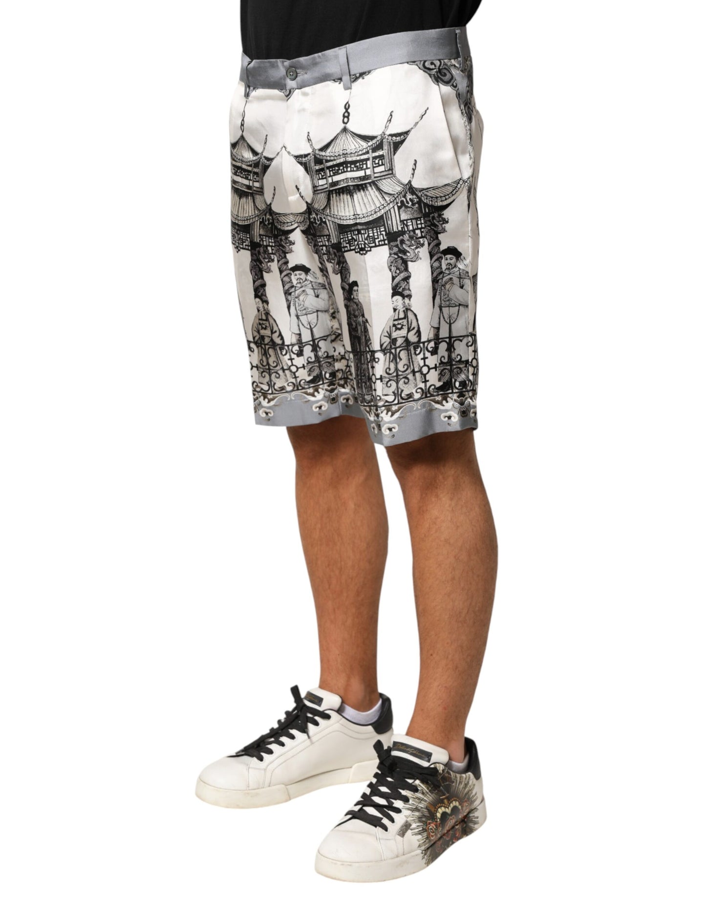 Dolce & Gabbana White Japanese Asian Print Silk Bermuda Shorts