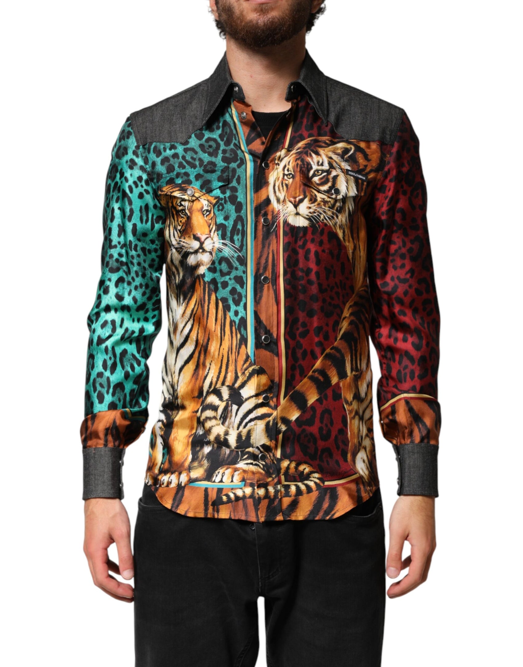Dolce & Gabbana Multicolor Tiger Leopard Print Silk Men Shirt