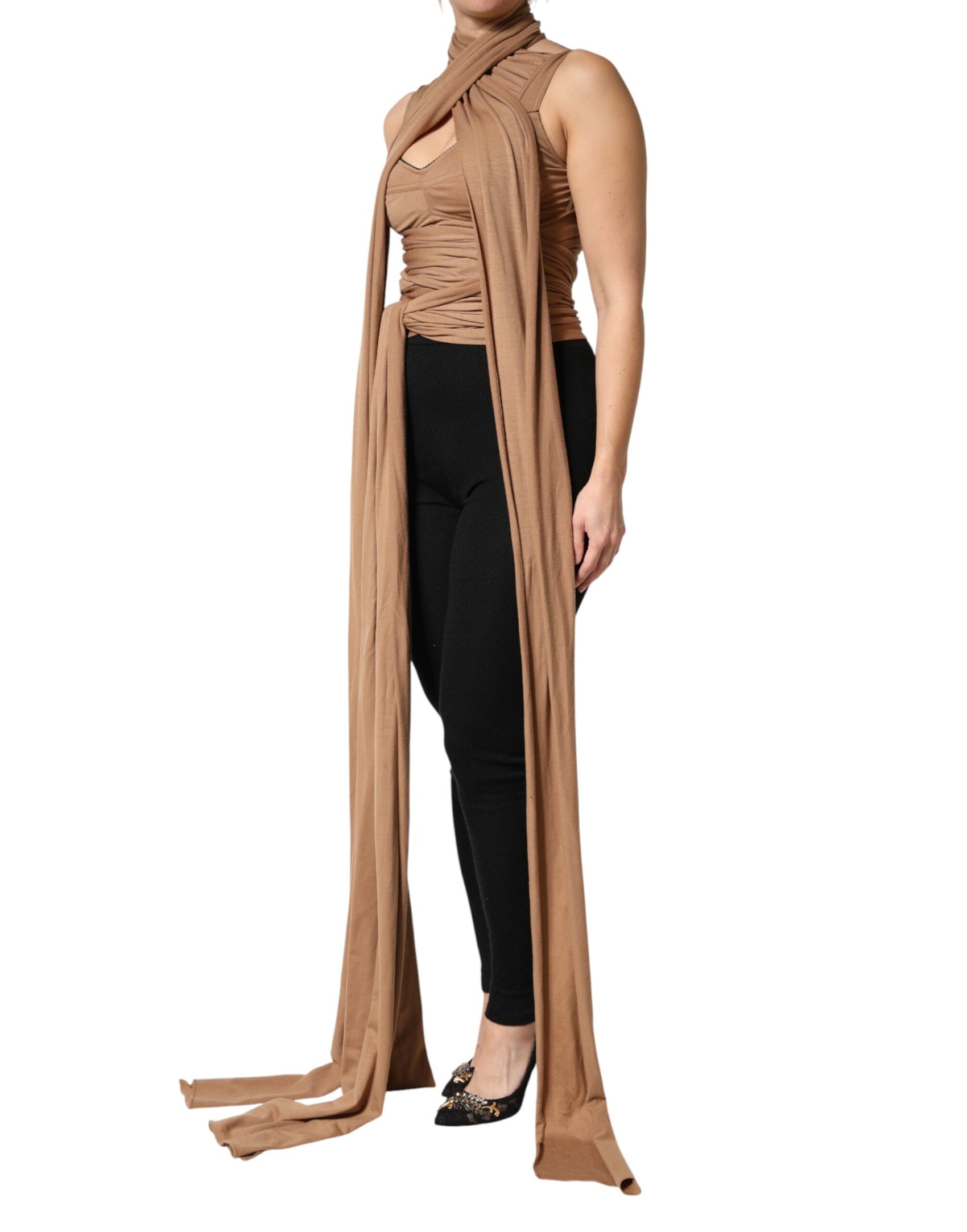 Dolce & Gabbana Brown Virgin Wool Sleeveless Scarf Tank Top