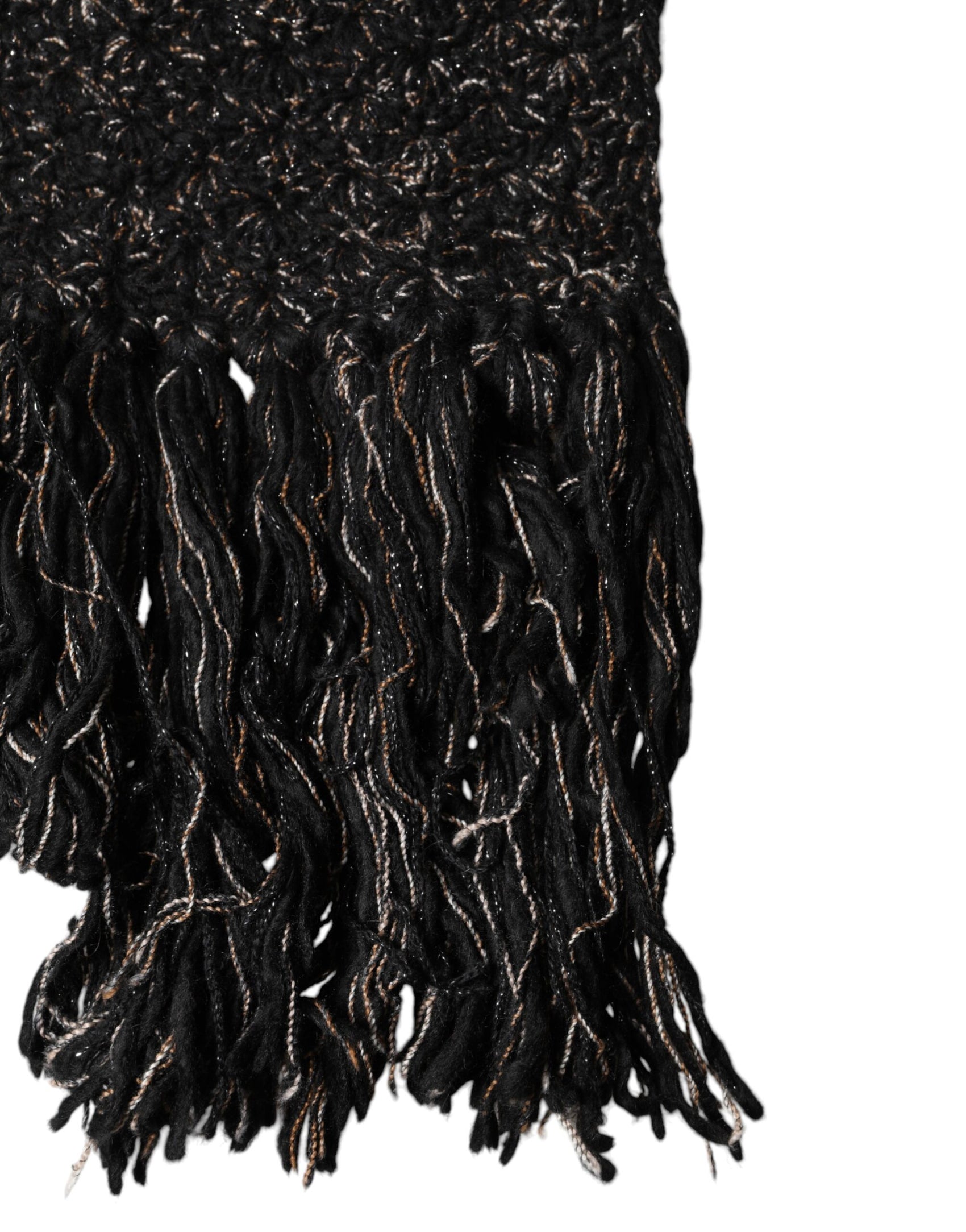 Dolce & Gabbana Black Wool Fringes Neck Wrap Foulard Scarf
