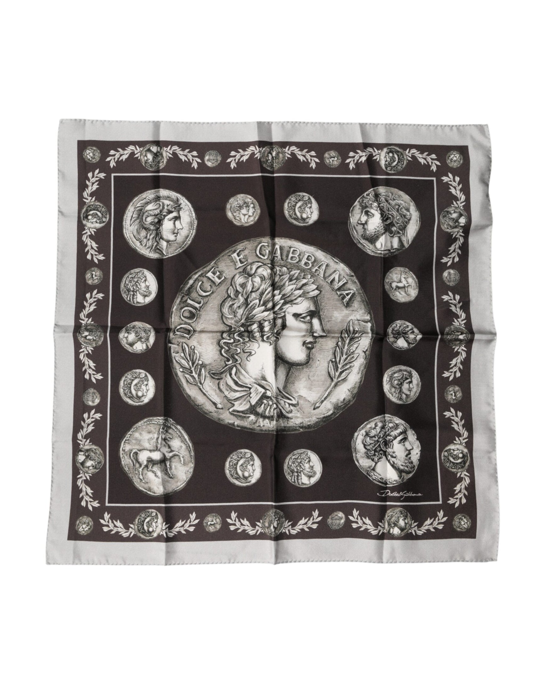 Dolce & Gabbana Brown Roman Coin Print Silk Square Foulard Scarf