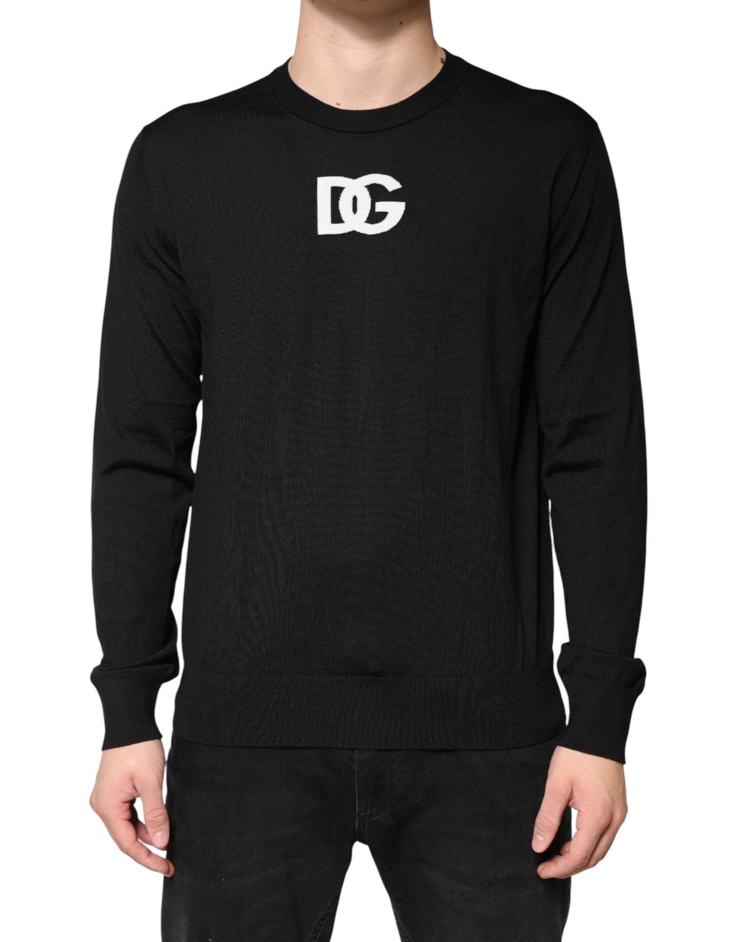 Dolce & Gabbana Black Wool DG Crew Neck Men Pullover Sweater