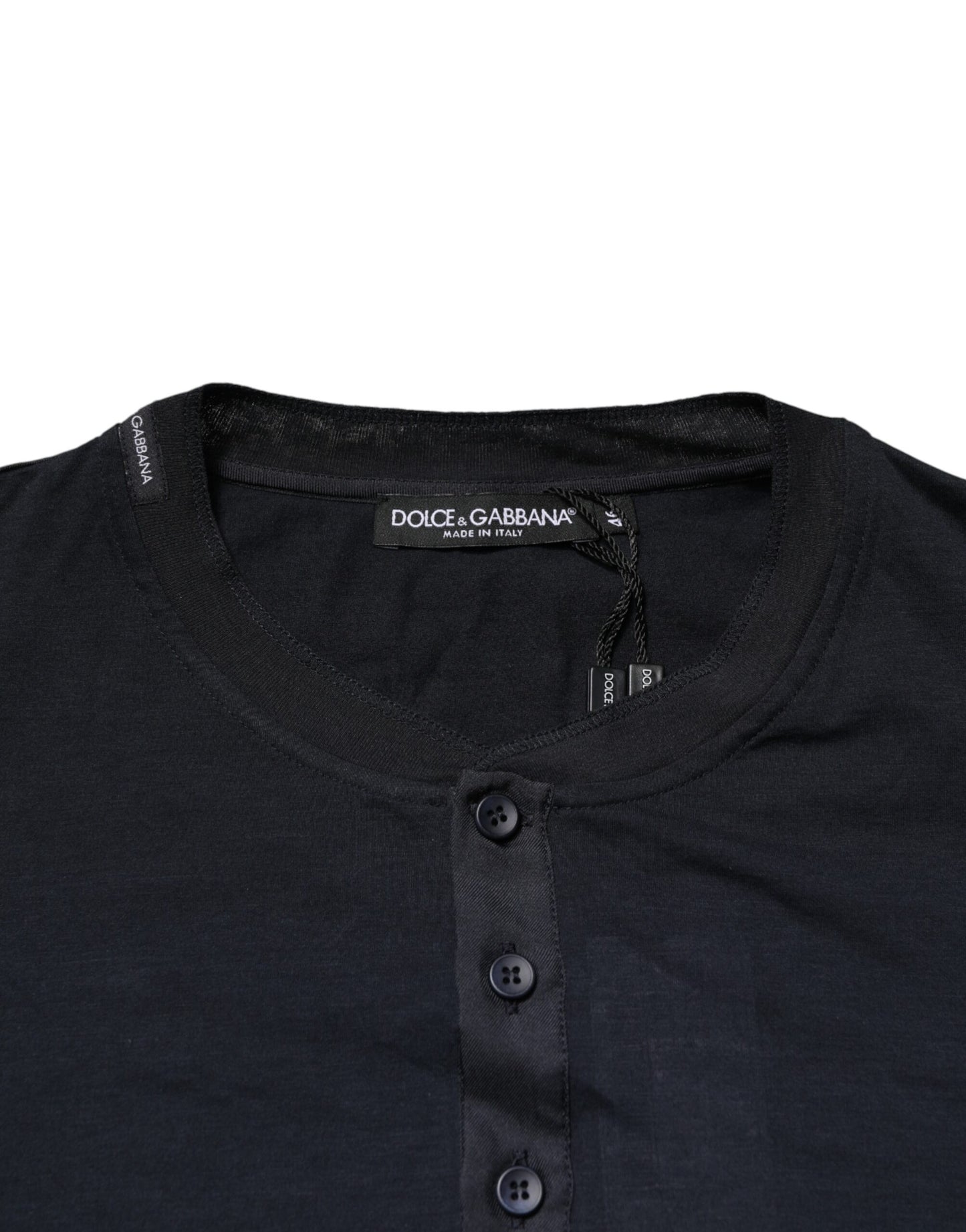 Dolce & Gabbana Dark Blue Cotton Henley Long Sleeves T-Shirt