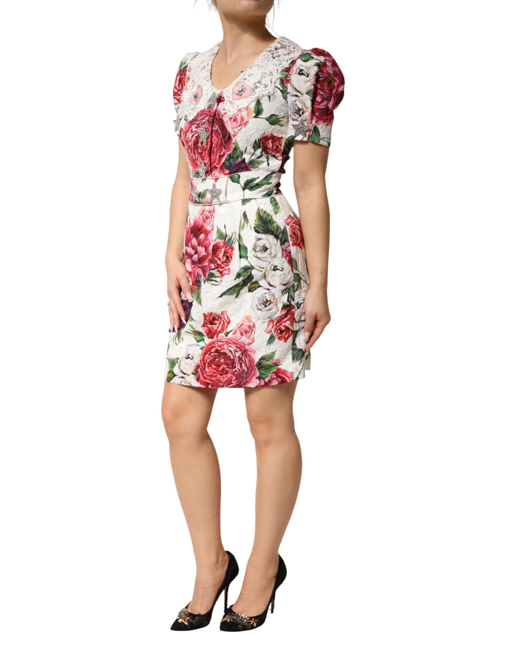 Dolce & Gabbana White Floral Embellished Sheath Mini Dress