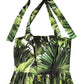 Dolce & Gabbana Green Leaves Print Cotton Halter Midi Dress
