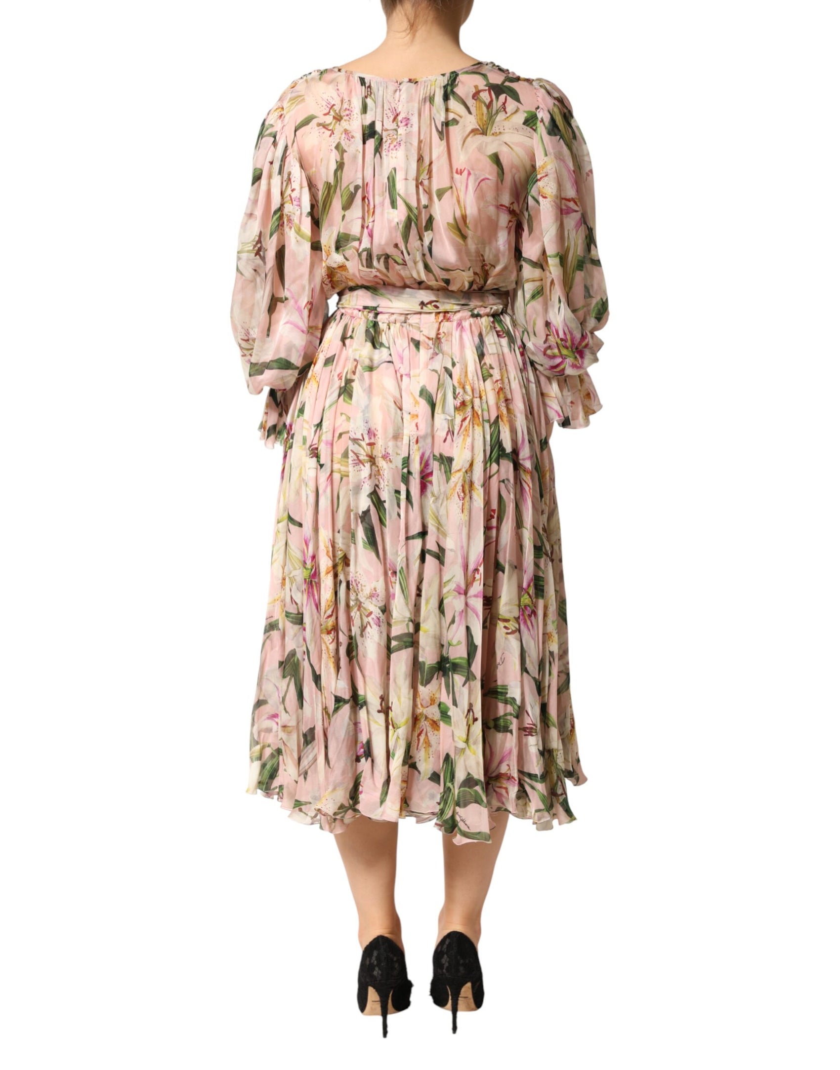 Dolce & Gabbana Pink Lily Print A-line Pleated Maxi Dress