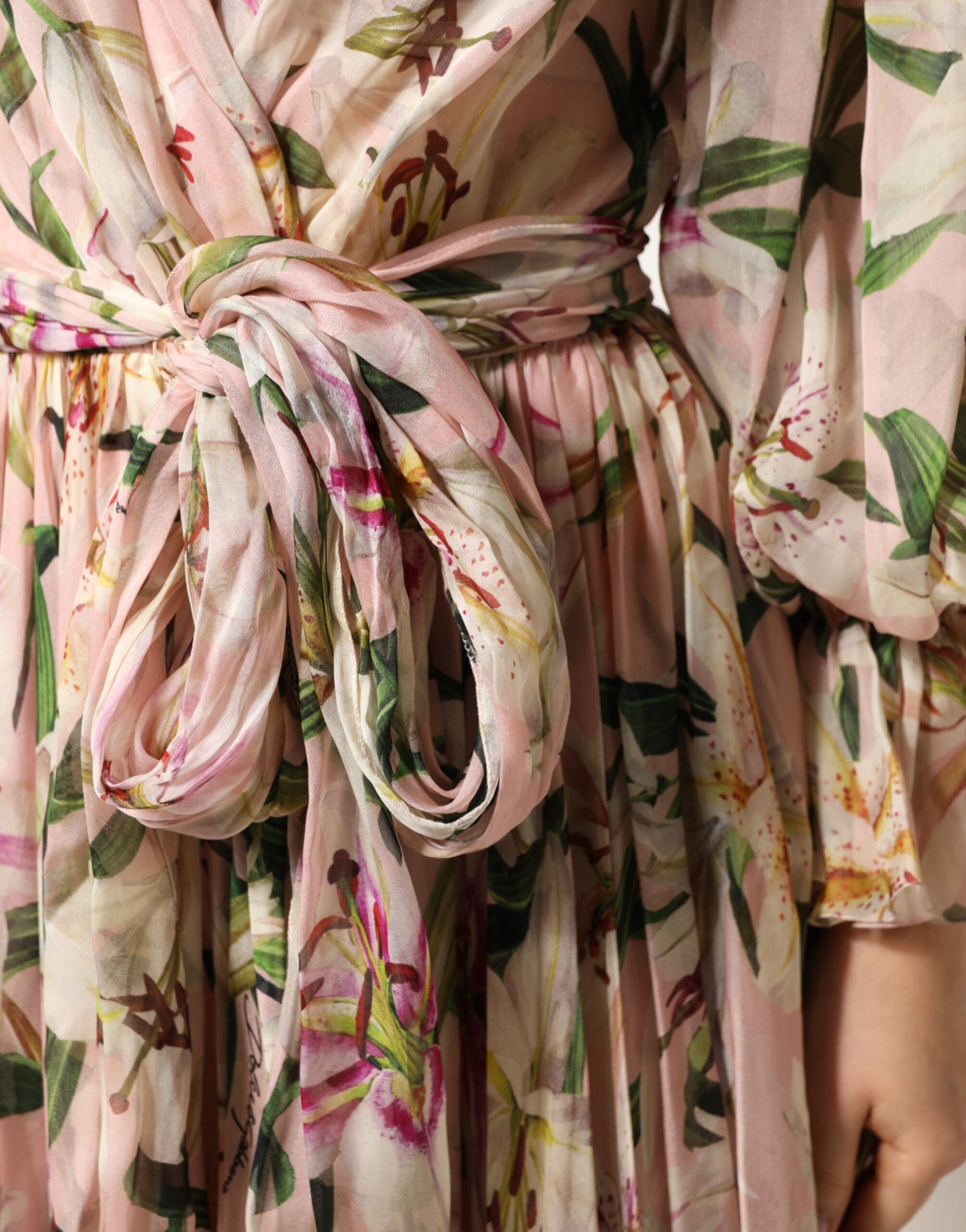 Dolce & Gabbana Pink Lily Print A-line Pleated Maxi Dress