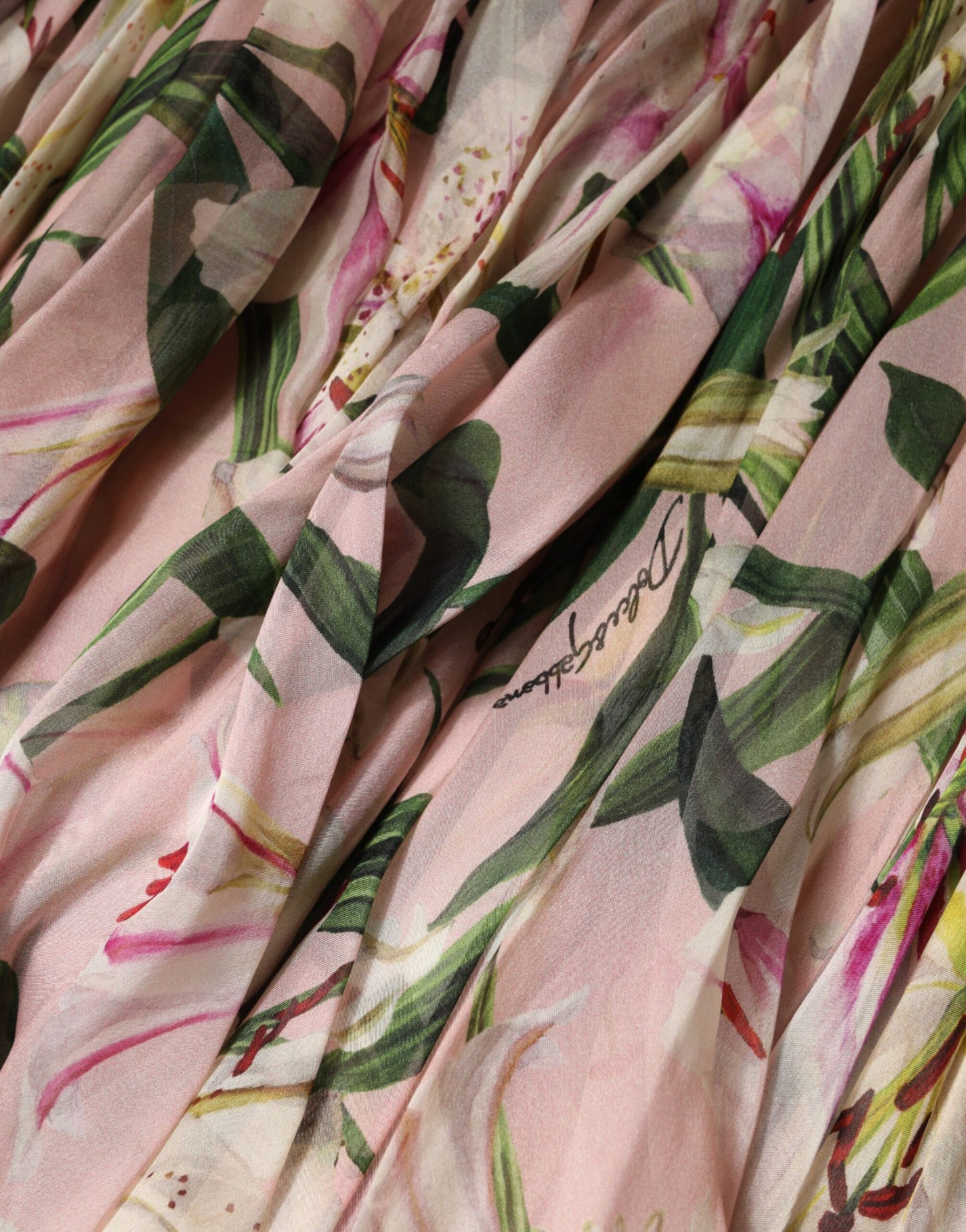Dolce & Gabbana Pink Lily Print A-line Pleated Maxi Dress
