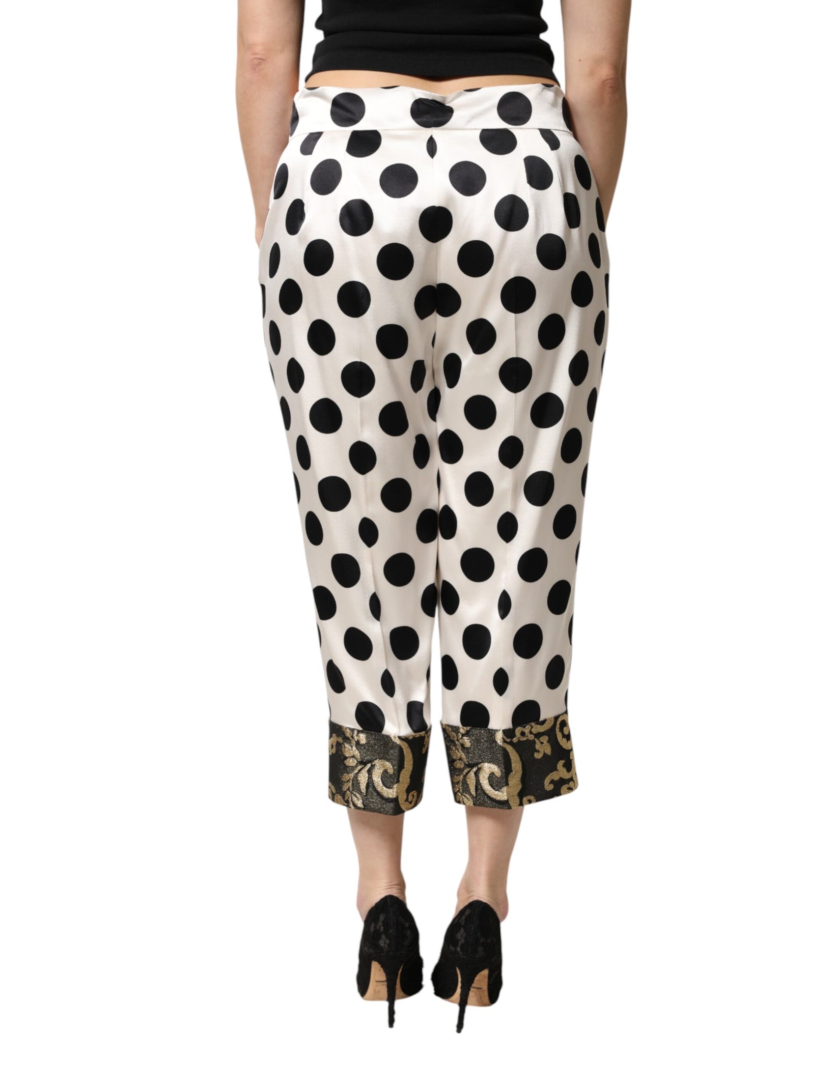 Dolce & Gabbana White Black Polka Dot Silk Mid Waist Cropped Pants