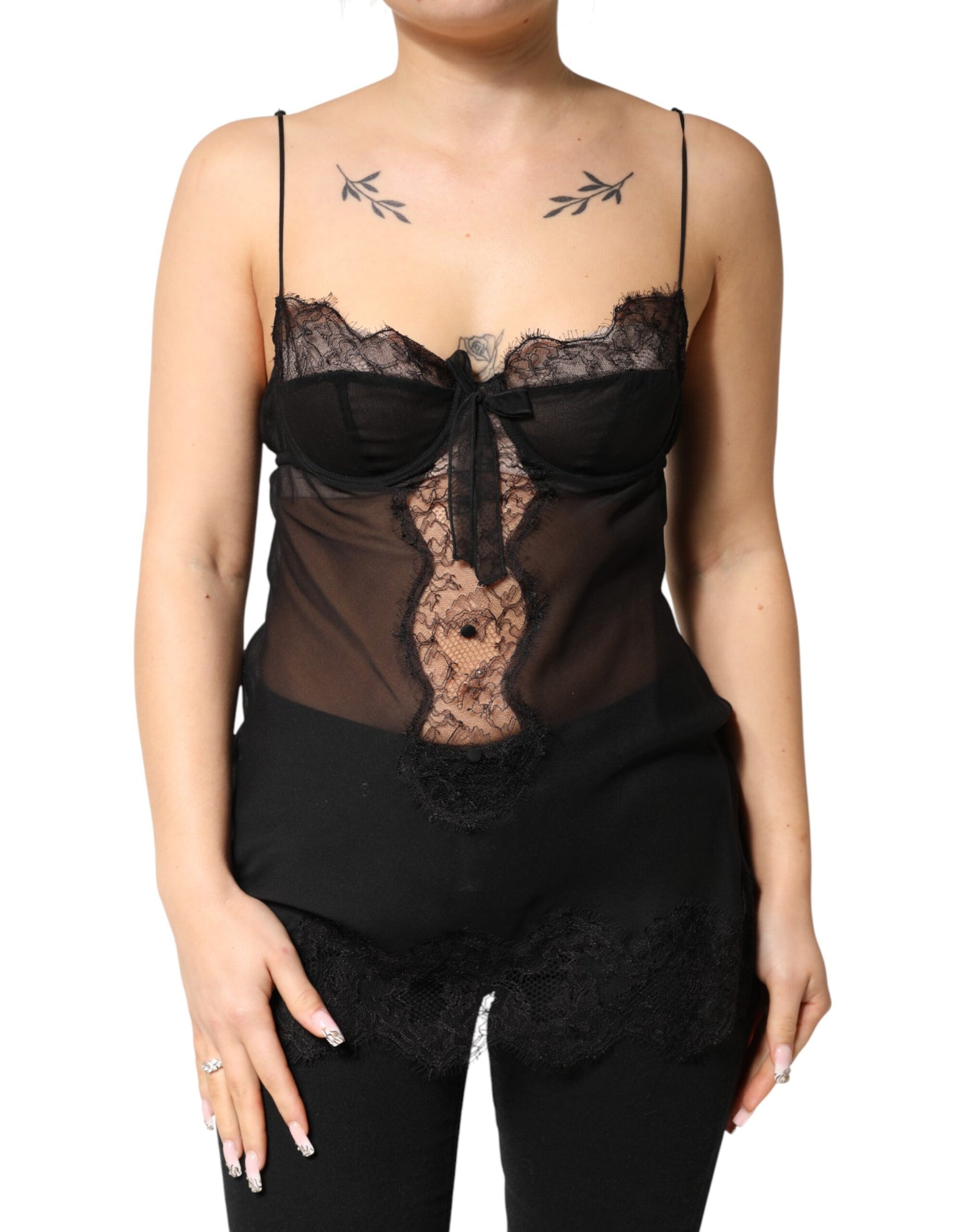 Dolce & Gabbana Black Silk Floral Lace Chemise Lingerie Top