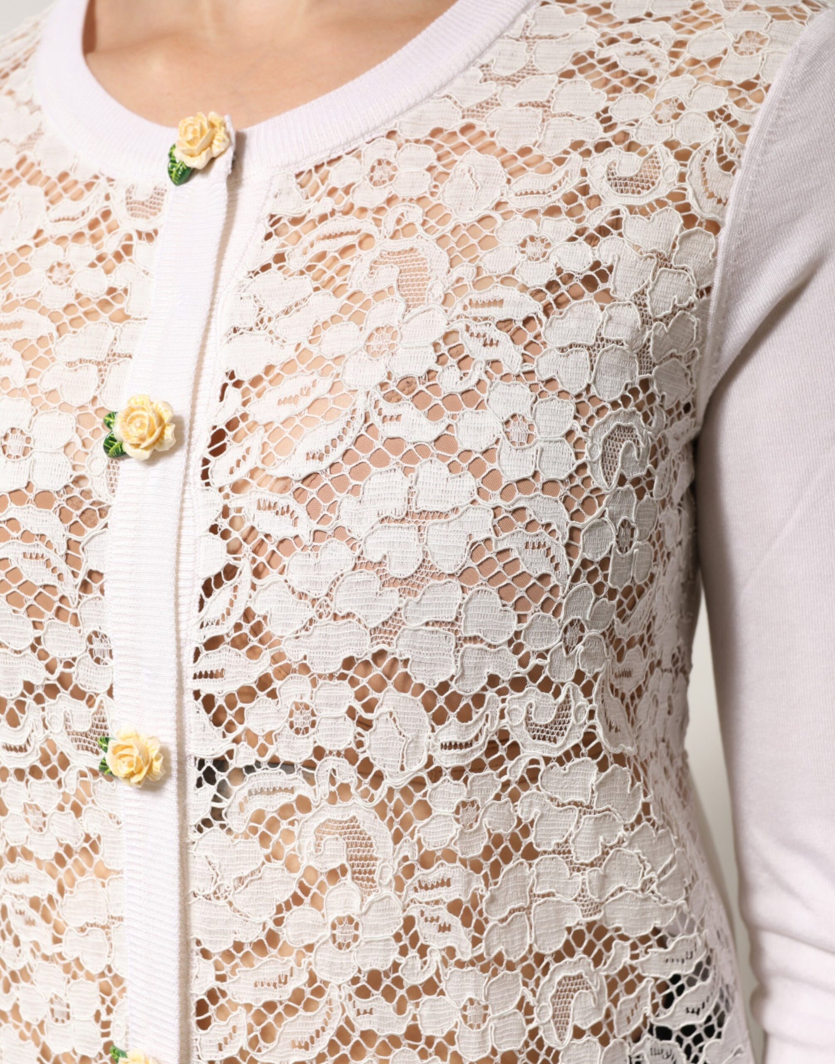 Dolce & Gabbana Cream Lace Knit Rose Button Cardigan Sweater