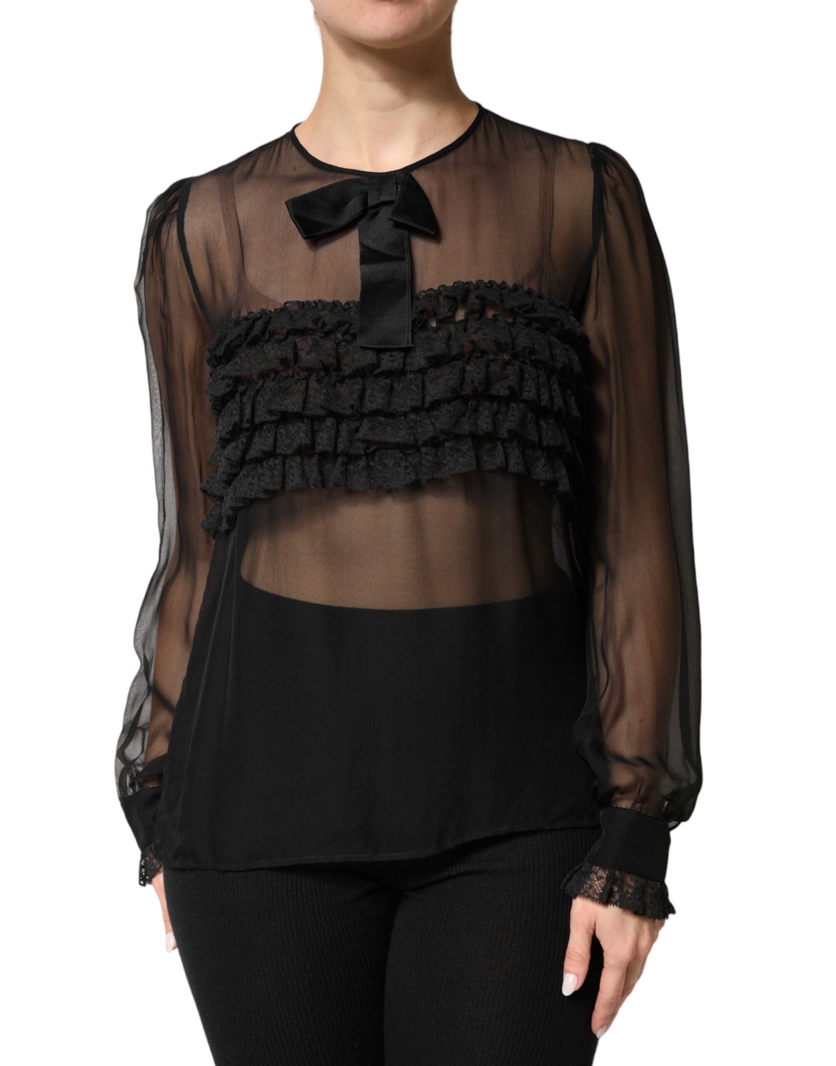 Dolce & Gabbana Black Silk Sheer Ruffle Tie-Neck Blouse Top