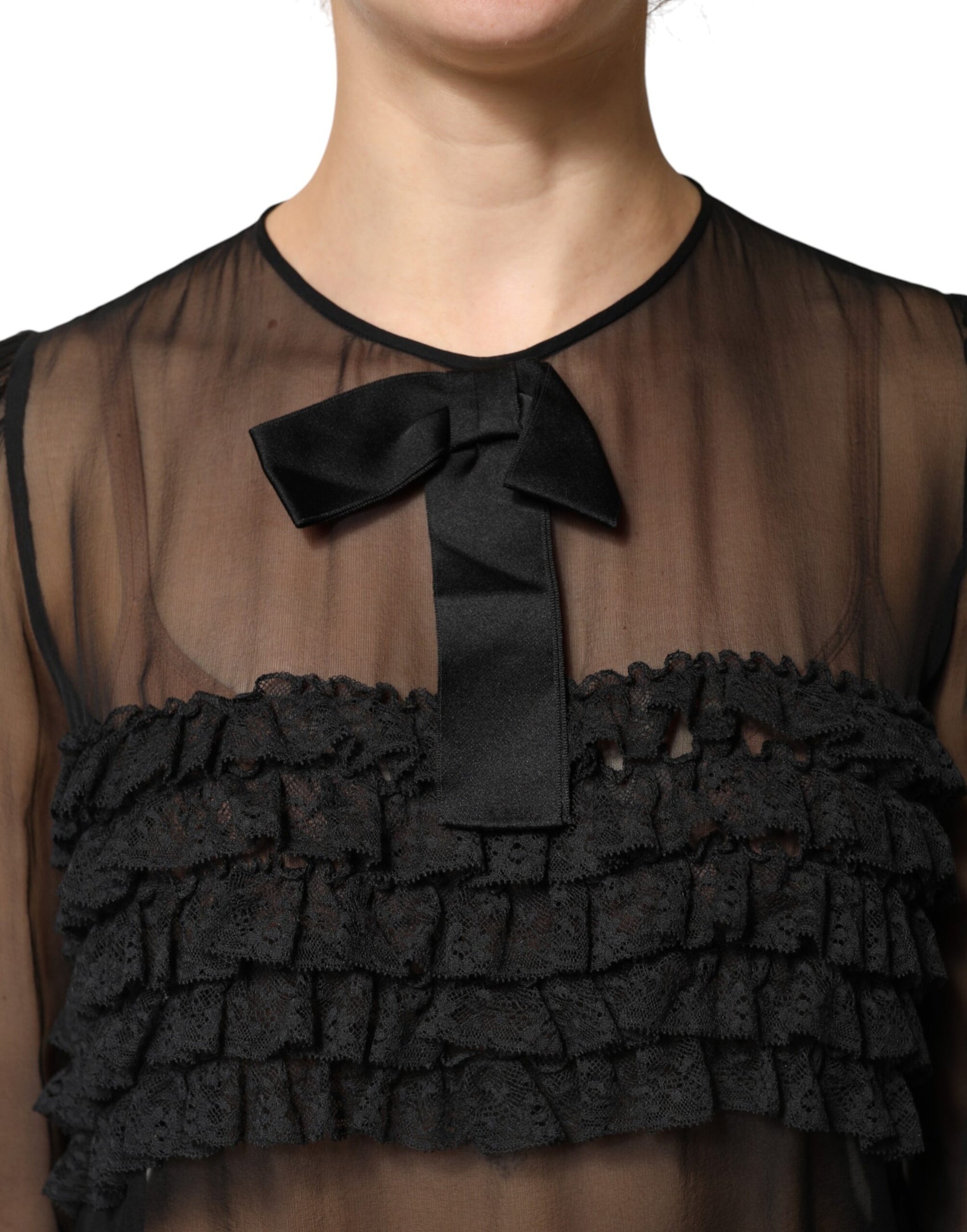 Dolce & Gabbana Black Silk Sheer Ruffle Tie-Neck Blouse Top