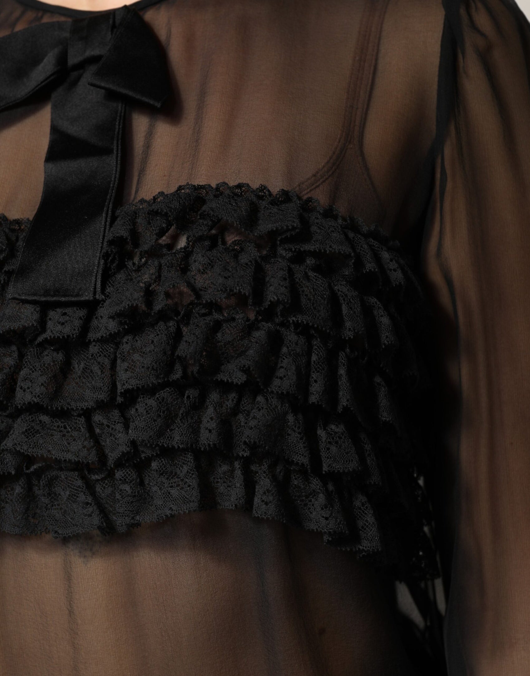Dolce & Gabbana Black Silk Sheer Ruffle Tie-Neck Blouse Top