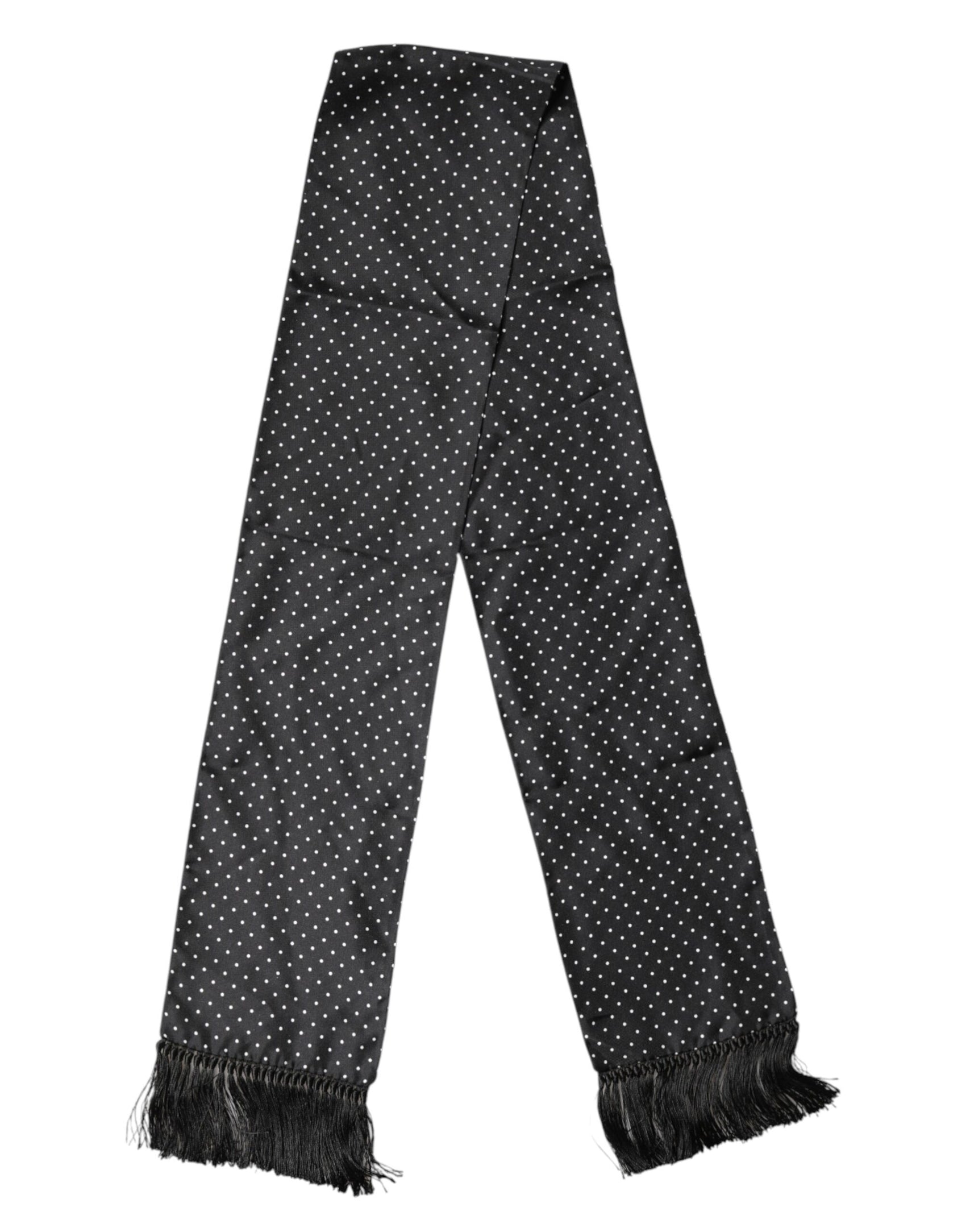 Dolce & Gabbana Black Polka Dot Fringes Silk Foulard 139cm x 14.5cm Scarf