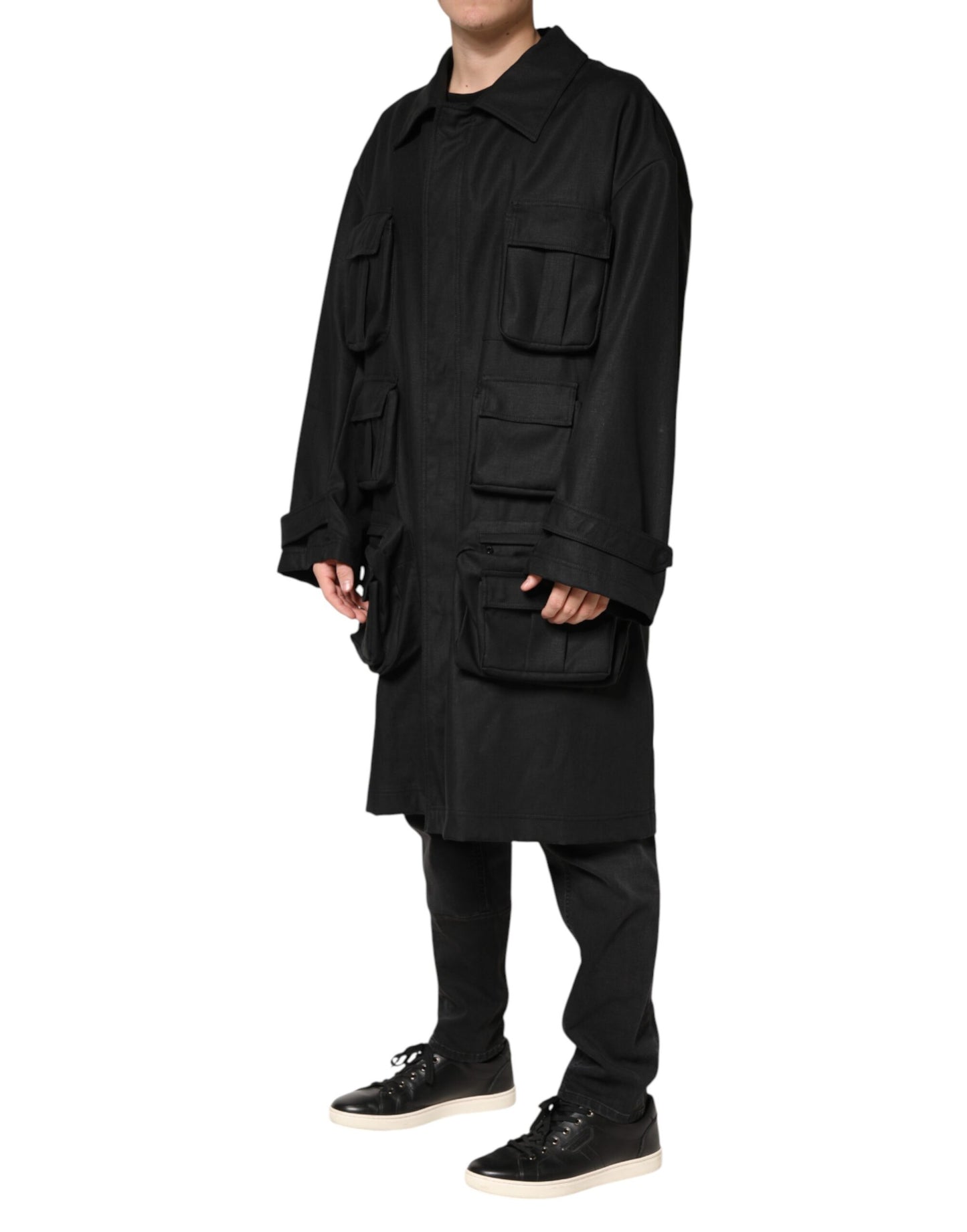 Dolce & Gabbana Black Pockets Collared Trench Coat Jacket